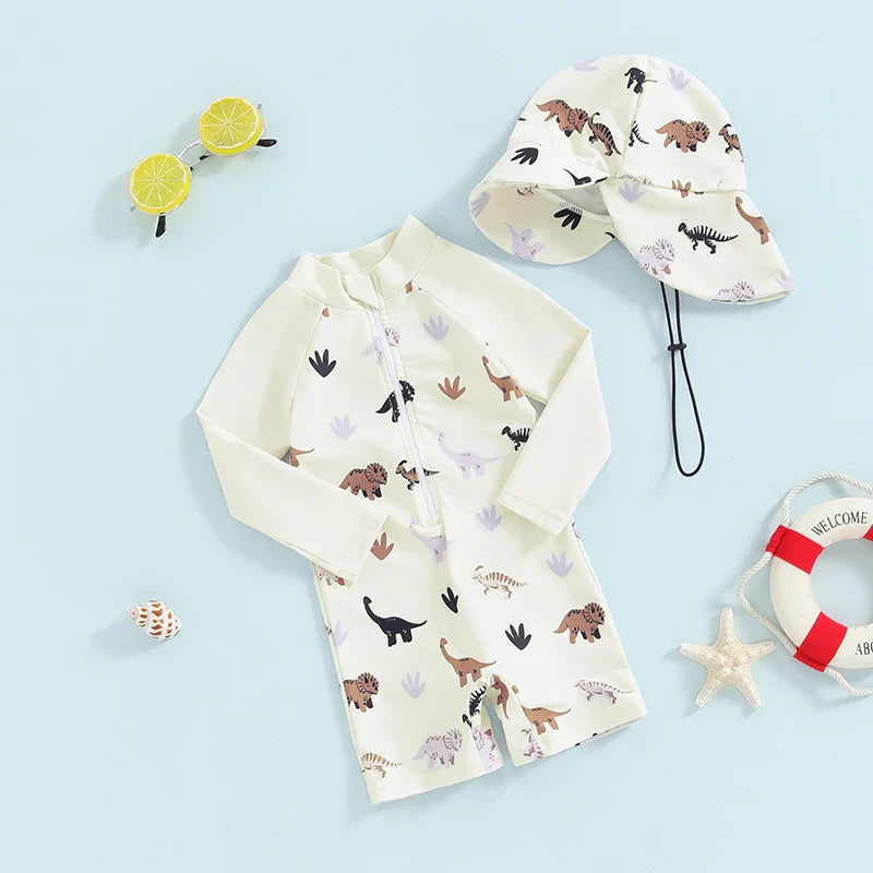Baby toddler boy 2-piece swimwear set with dinosaur, turtle, whale prints, long sleeves, sun hat, by August + Willow.