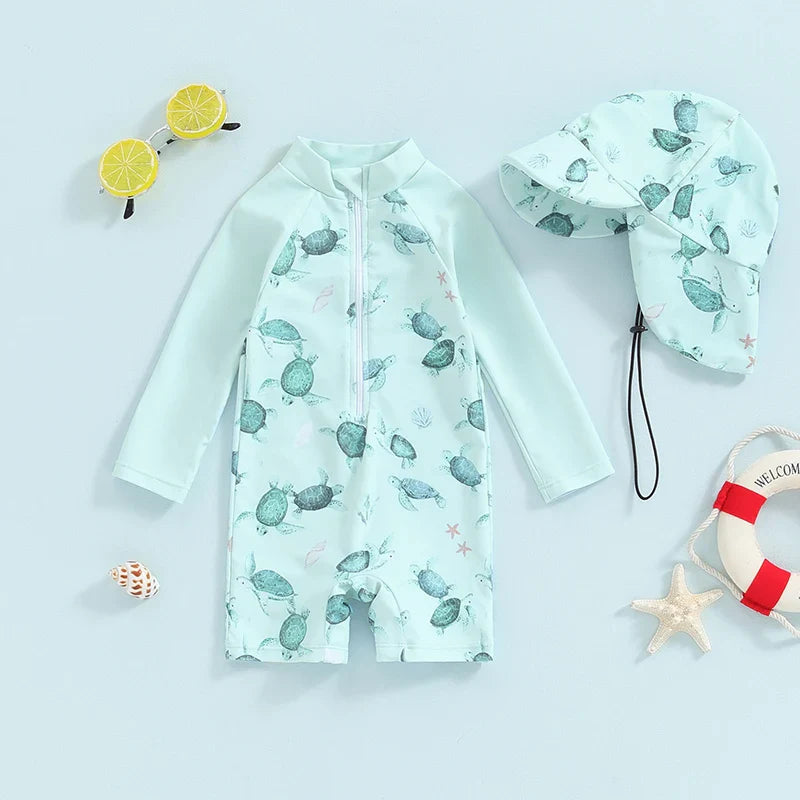 Baby boy toddler 2-piece swimwear set with dinosaur, turtle, and whale print, including long sleeve swimsuit and sun hat.
