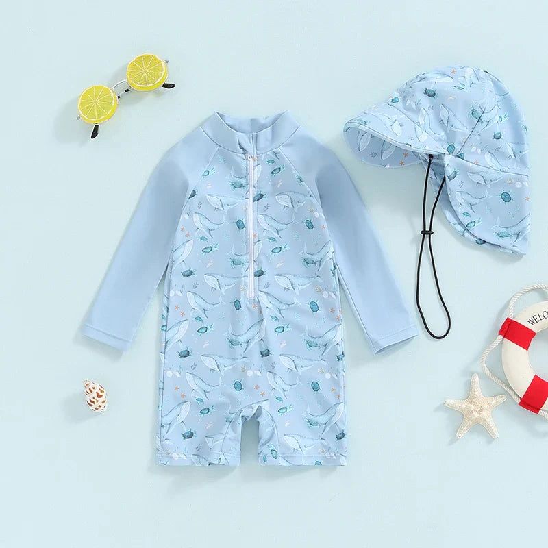 Baby boy toddler 2-piece swimwear set with dinosaur, turtle, and whale print, includes long sleeve swimsuit and sun hat.