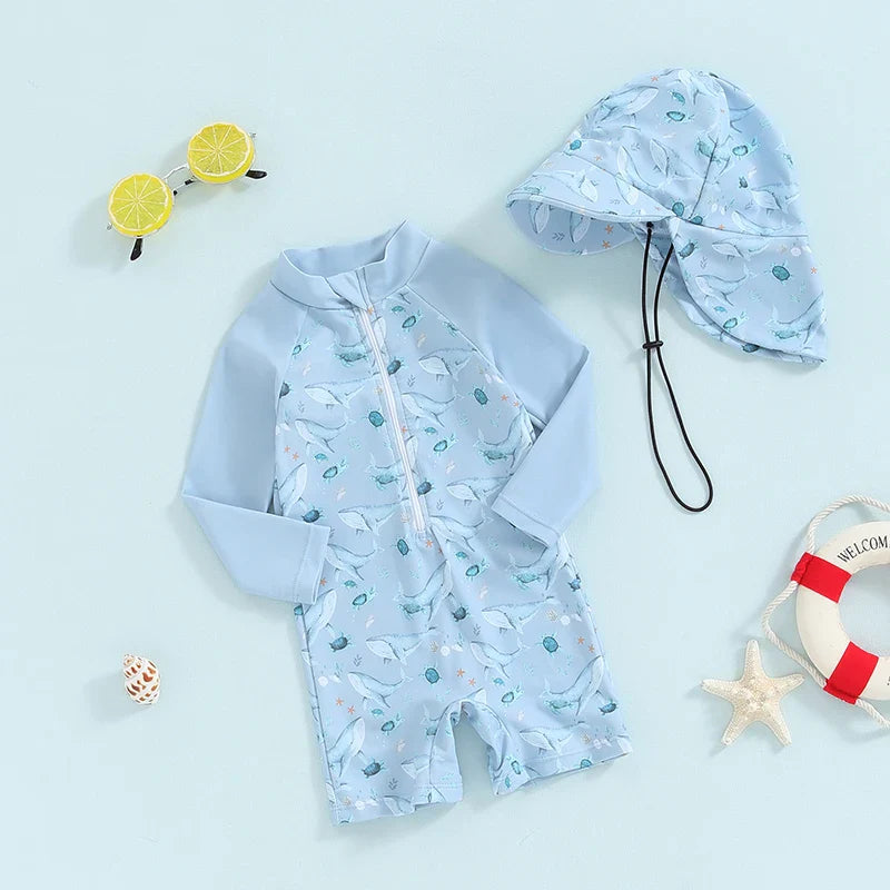 Baby toddler boy 2-piece swimwear set with dinosaur, turtle, and whale prints, includes long sleeve swimsuit and sun hat, August + Willow.