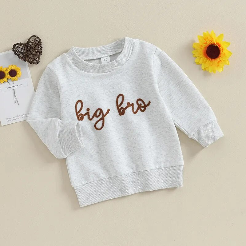 Baby boy toddler romper with long sleeve crewneck featuring "Big Lil Bro" letters, from August + Willow, matching brother outfit.