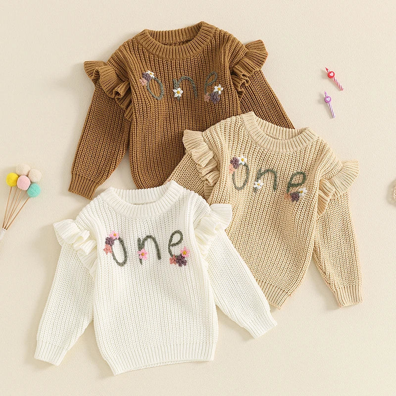 Baby girl birthday sweater by August + Willow, white long sleeve knitted pullover with floral embroidery, infant toddler knitwear.