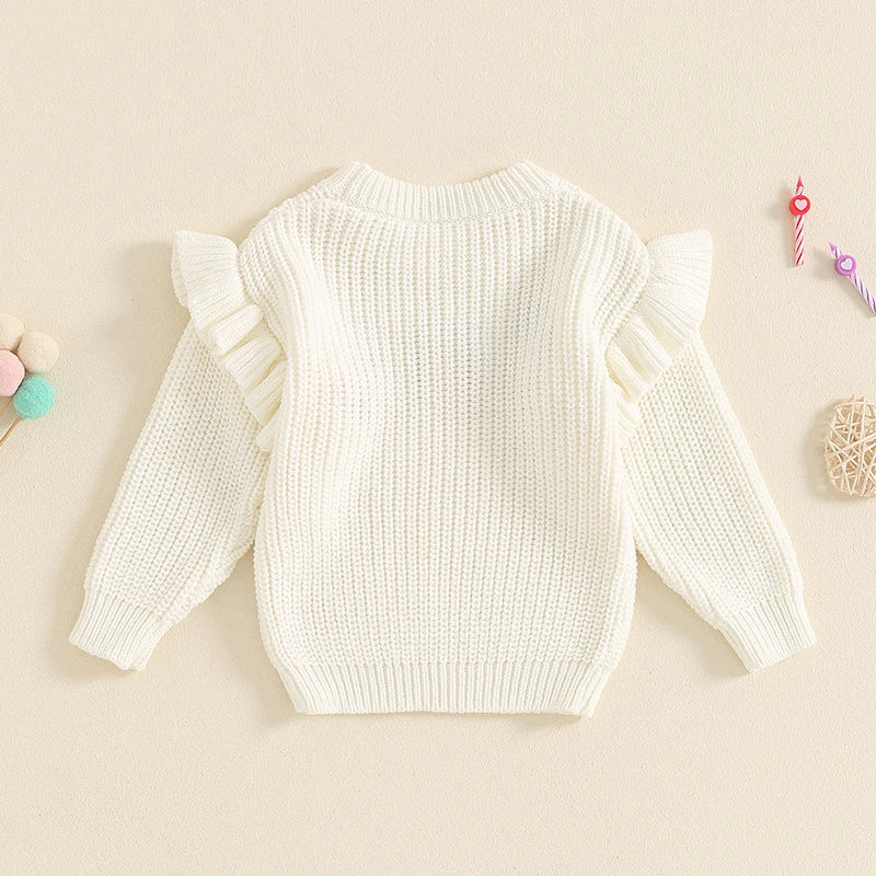 Baby girl birthday sweater by August + Willow with floral embroidery, long sleeves, and letter details in soft knit for 12-18 months.