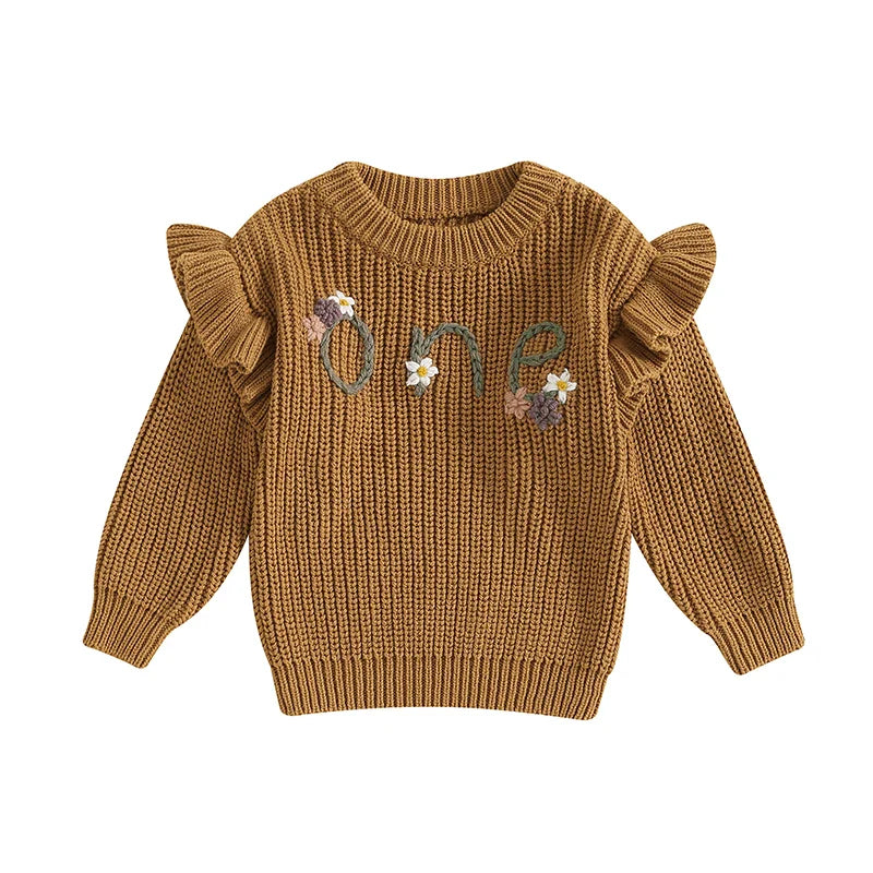 Baby girl birthday sweater by August + Willow, white long sleeve knitted pullover with floral embroidery and letter details for infants.