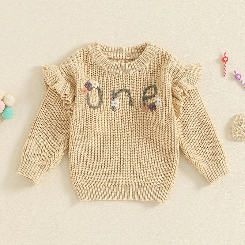 Baby girl birthday sweater by August + Willow with floral embroidery, letter design, long sleeves, warm knitted knitwear for infants.