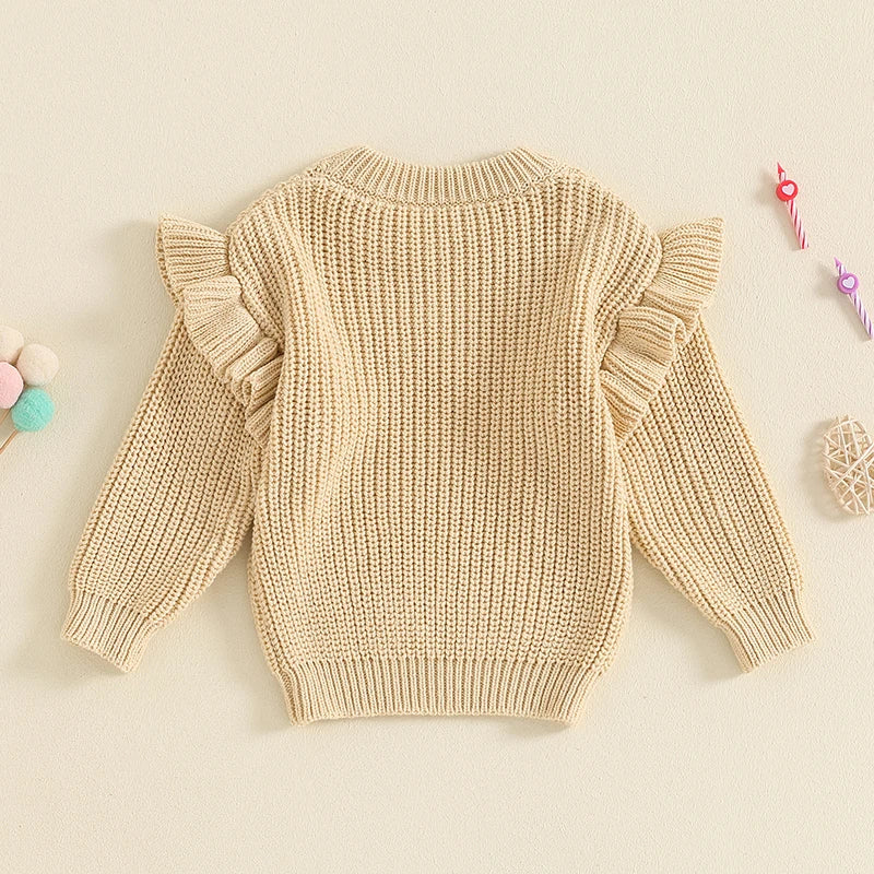 Baby girl birthday sweater by August + Willow, white long sleeve knitted pullover with floral embroidery and letter details for infants.