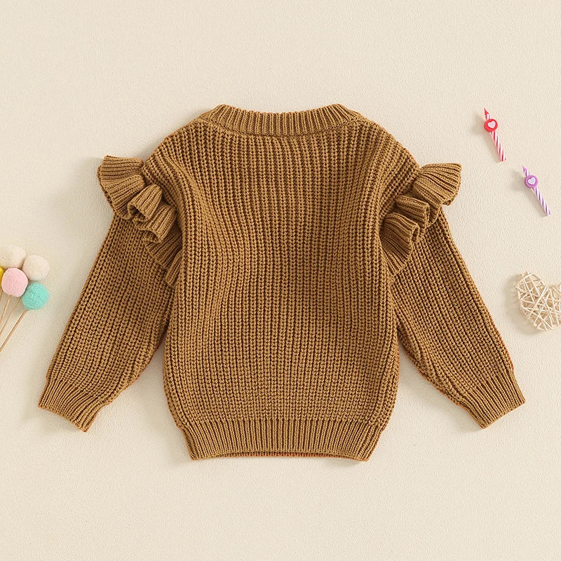 Baby girl birthday sweater by August + Willow, white long-sleeve knit pullover with floral embroidery and letter details for infants.