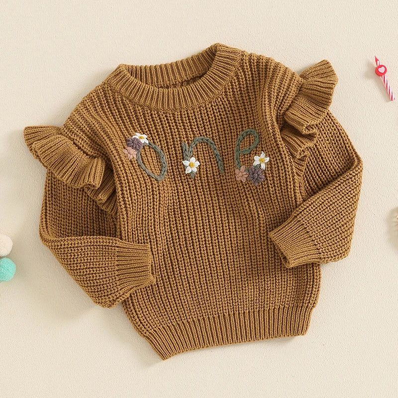 Baby girl birthday sweater by August + Willow featuring floral embroidery, long sleeves, knitted knitwear, and casual style for infants.