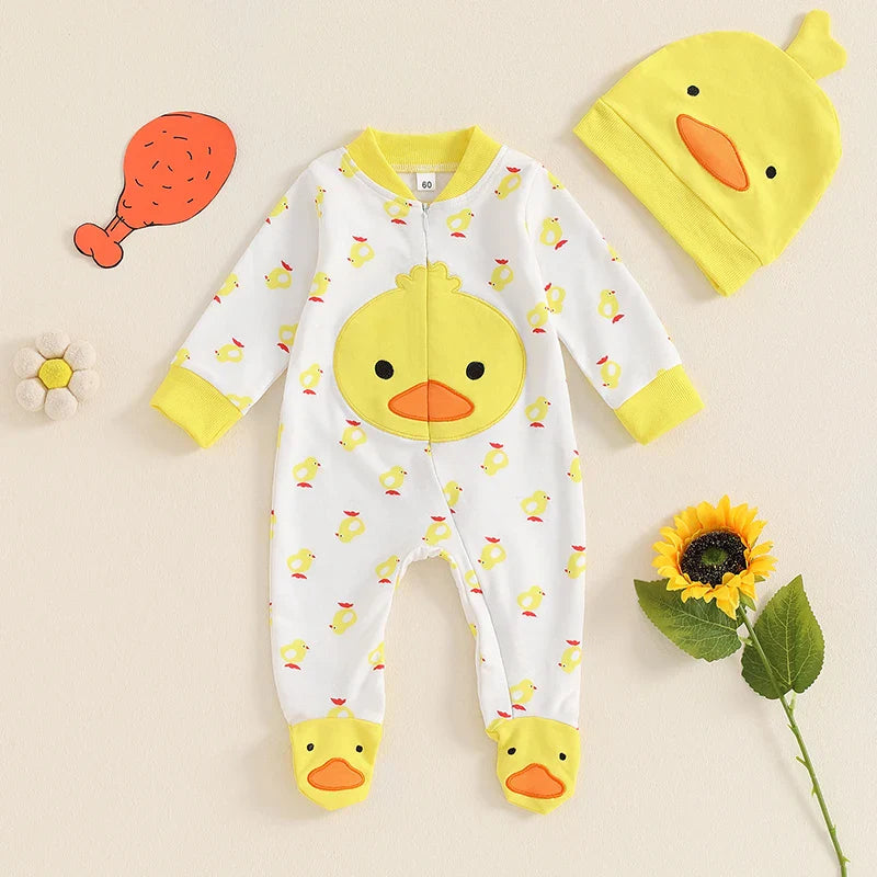 Baby boys and girls 2-piece duck outfit by August + Willow featuring a long-sleeve footed jumpsuit and matching duck hat.