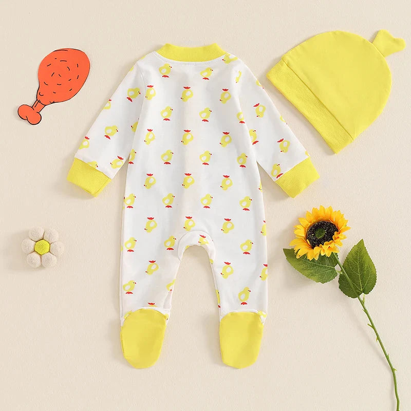 Baby boys and girls 2-piece duck outfit with long sleeve footed romper and matching duck hat by August + Willow, suitable for 3-6 months.