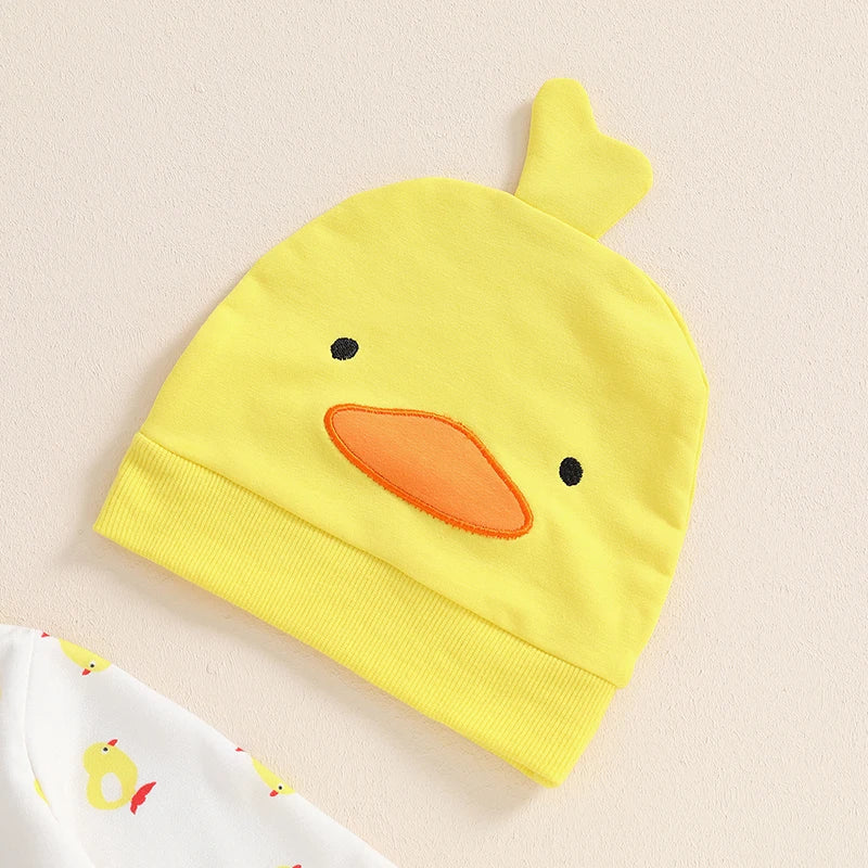 Baby boys and girls 2-piece duck outfit set by August + Willow with long sleeve jumpsuit and matching duck hat for ages 3-6 months.