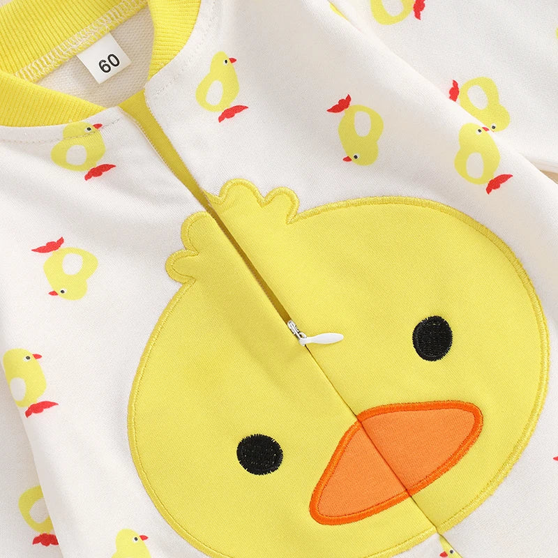 Baby boys and girls 2-piece duck outfit set by August + Willow with long sleeve footed jumpsuit and matching duck hat, 3-6 months.