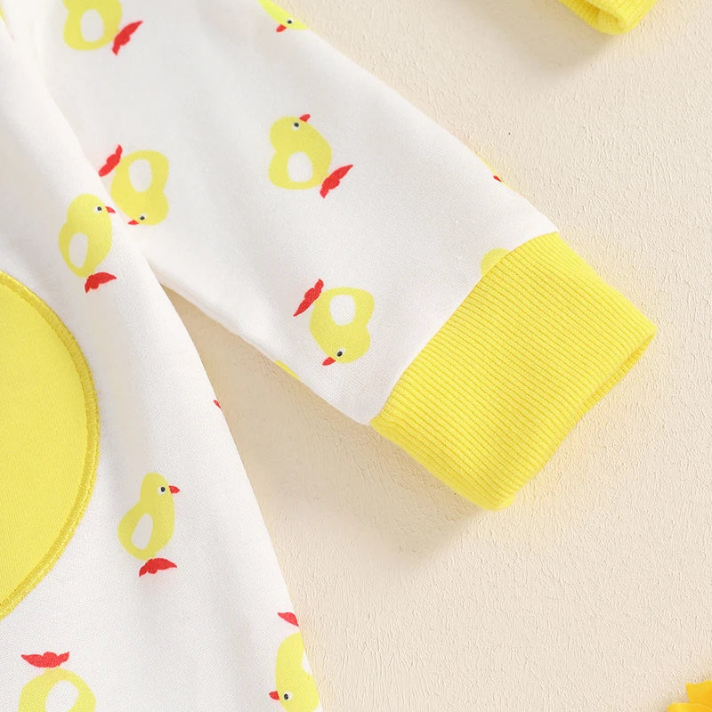 Baby boys and girls 2-piece duck outfit by August + Willow with long sleeve footed jumpsuit and matching duck hat, ages 3-6 months.