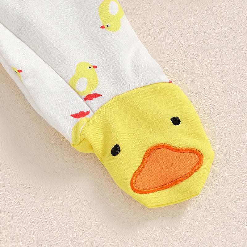 Baby boys and girls 2-piece duck outfit set with long sleeve jumpsuit, footed romper, and matching duck hat by August + Willow.