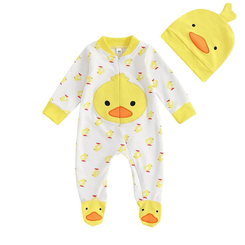 Baby toddler duck outfit set with long sleeve footed jumpsuit and matching duck hat, suitable for boys and girls aged 3-6 months.