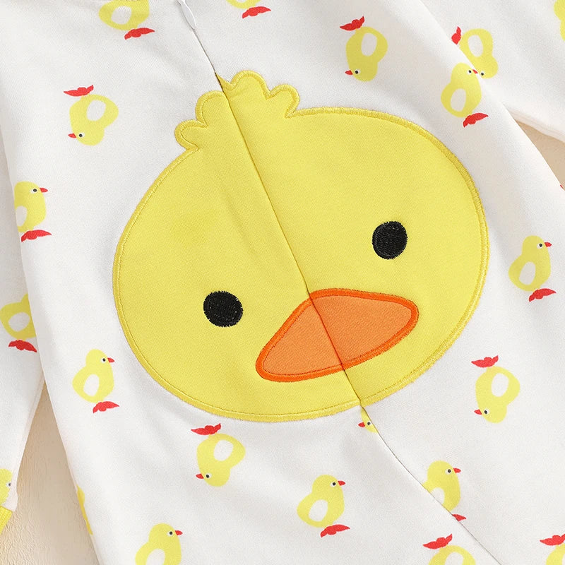 Baby boy and girl 2-piece duck outfit with long sleeve footed romper and matching duck hat, suitable for ages 3-6 months.