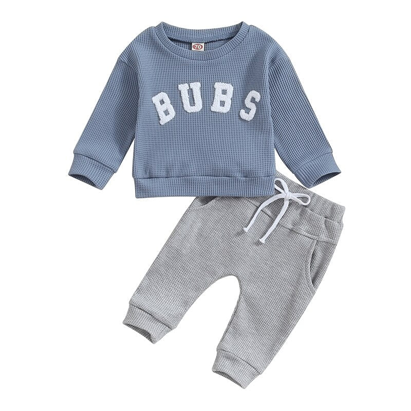 Baby and toddler boys and girls 2-piece long sleeve letter embroidery tops and drawstring pants set by August + Willow.