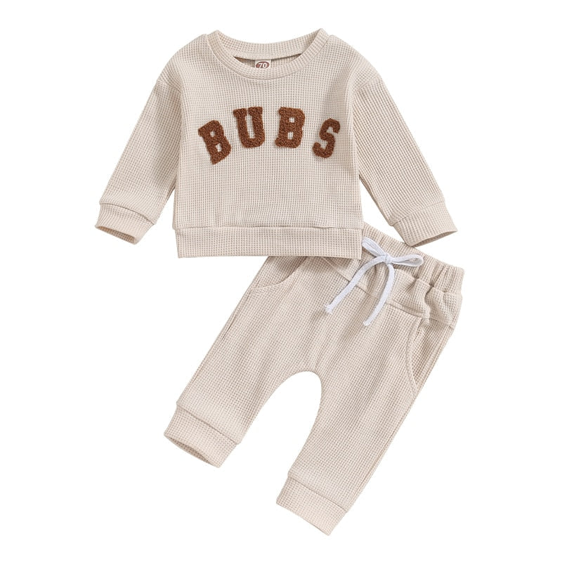 Baby toddler boys and girls 2-piece long sleeve letter embroidery bubs tops with drawstring pants set by August + Willow.