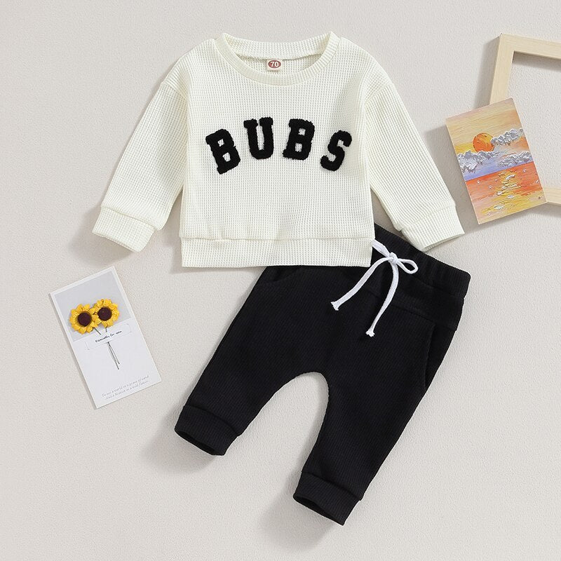 Baby toddler boys and girls 2-piece long sleeve letter embroidery bubs tops and drawstring pants set by August + Willow.