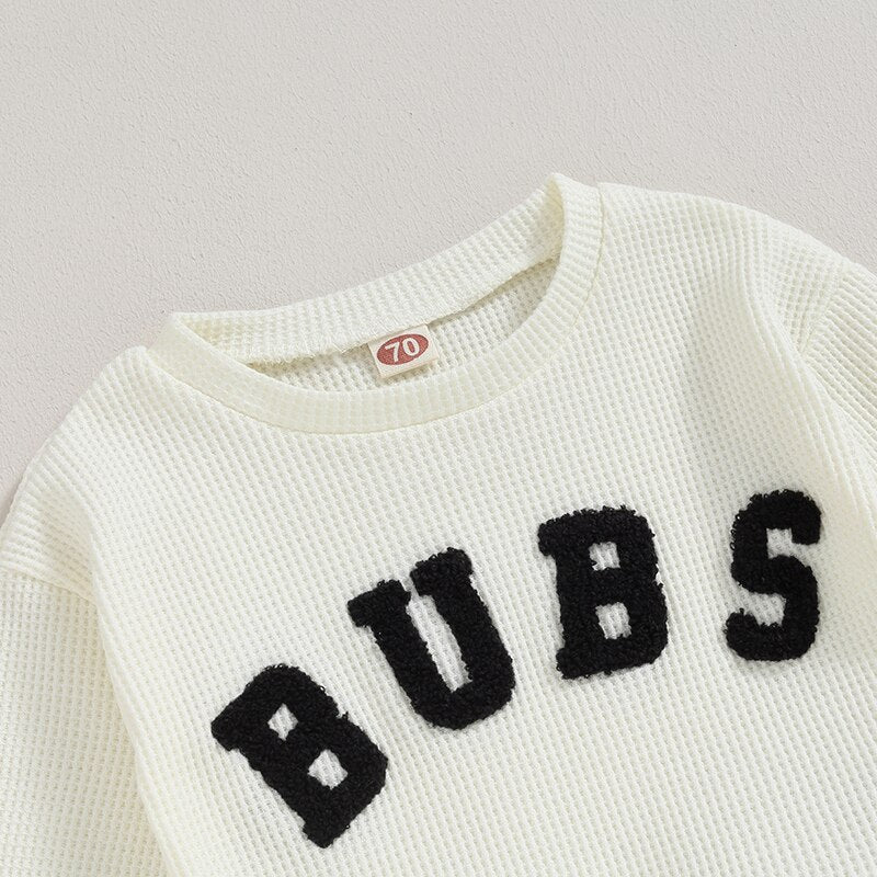 Baby toddler boys and girls 2-piece long sleeve letter embroidery bubs tops with drawstring pants set by August + Willow.