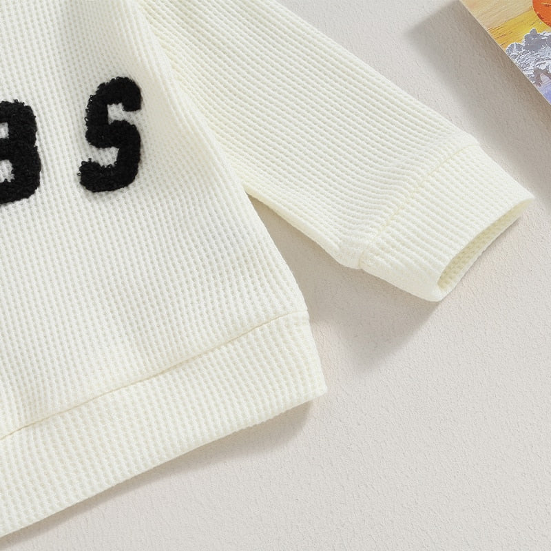 Baby toddler boys and girls 2-piece long sleeve letter embroidery bubs tops with drawstring pants set by August + Willow.