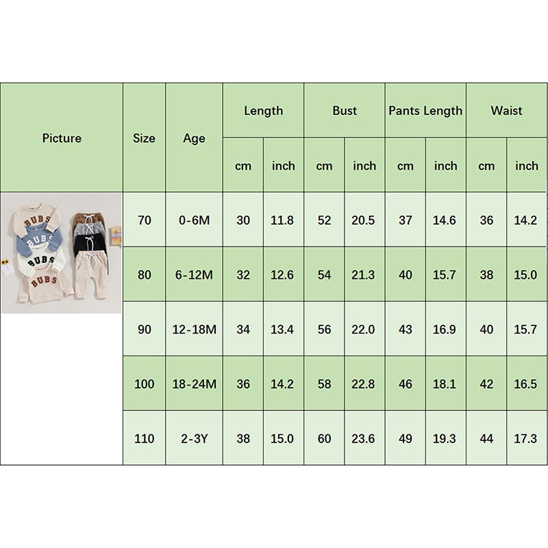 Baby toddler boys and girls 2-piece long sleeve letter embroidery bubs tops with drawstring pants set by August + Willow.