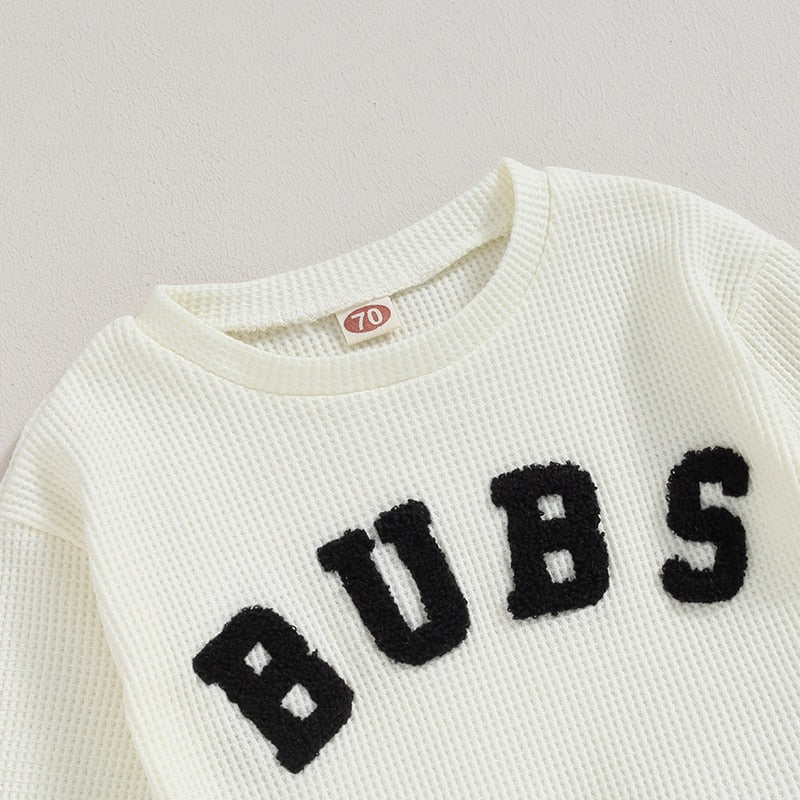 Baby toddler boys and girls 2-piece long sleeve letter embroidery tops and drawstring pants set by August + Willow.