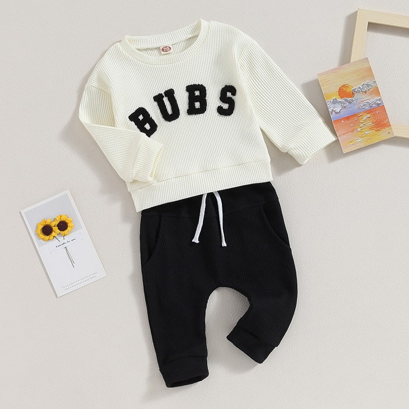 Baby toddler boys and girls 2-piece outfit set with long sleeve letter embroidery tops and drawstring pants by August + Willow.