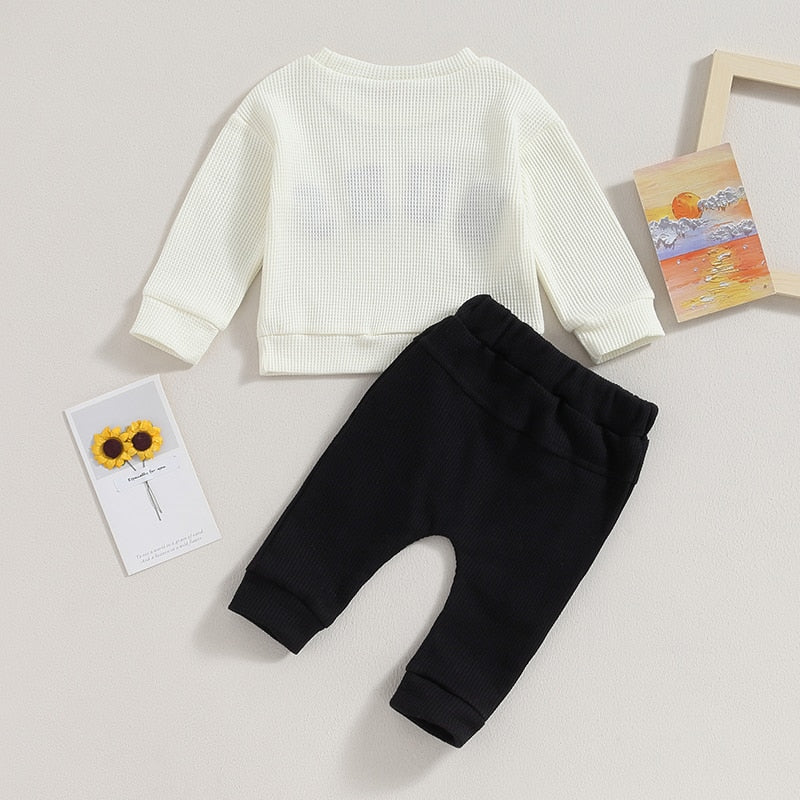 Baby toddler boys and girls 2-piece long sleeve letter embroidery bubs tops and drawstring pants set by August + Willow.