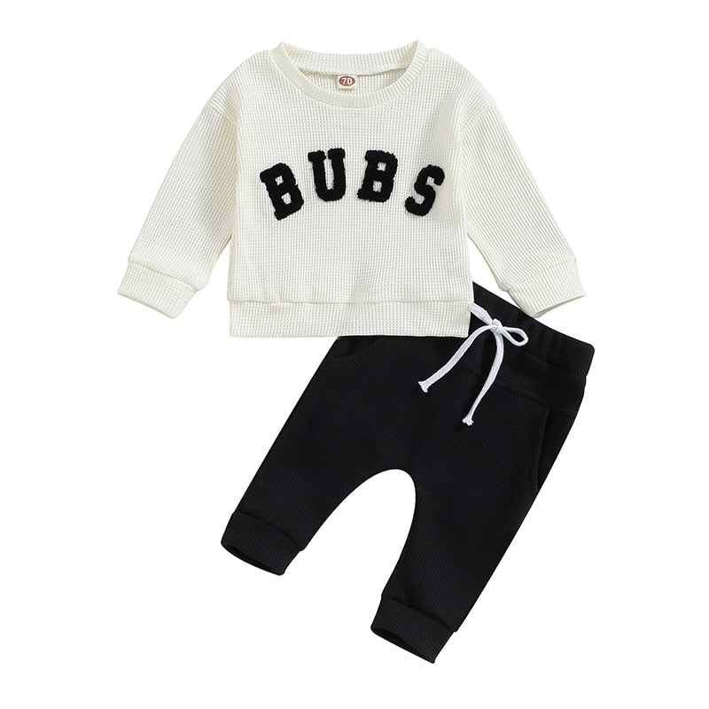 Baby toddler boys and girls 2-piece long sleeve letter embroidery bubs tops with drawstring pants set by August + Willow.