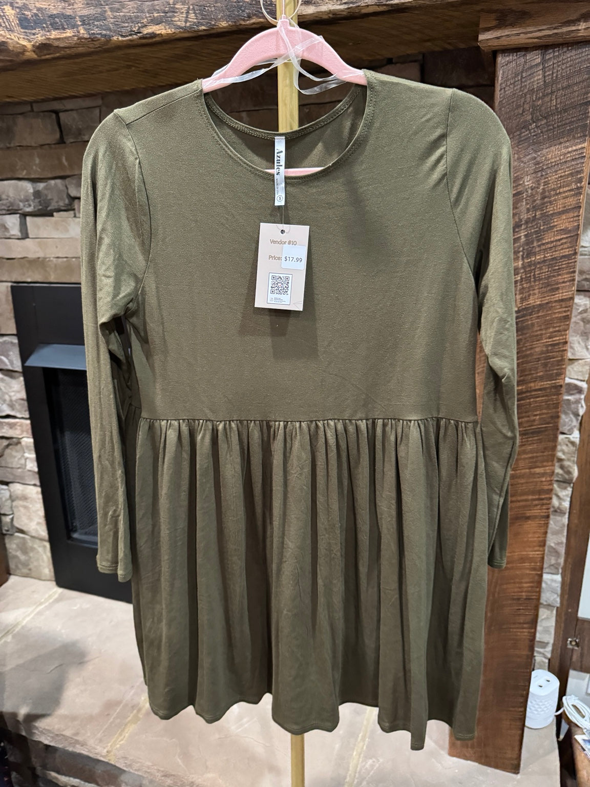Azules gathered long sleeve tunic in dark olive, front view