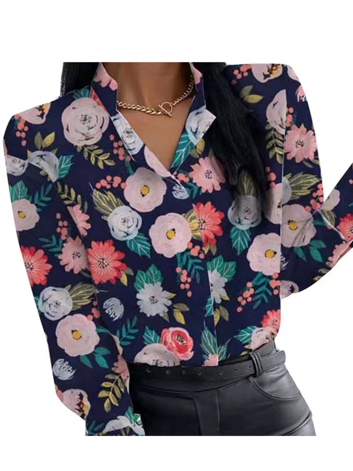 Floral Printed Long Sleeve Casual T Shirt Lapel Button Blous: Blue