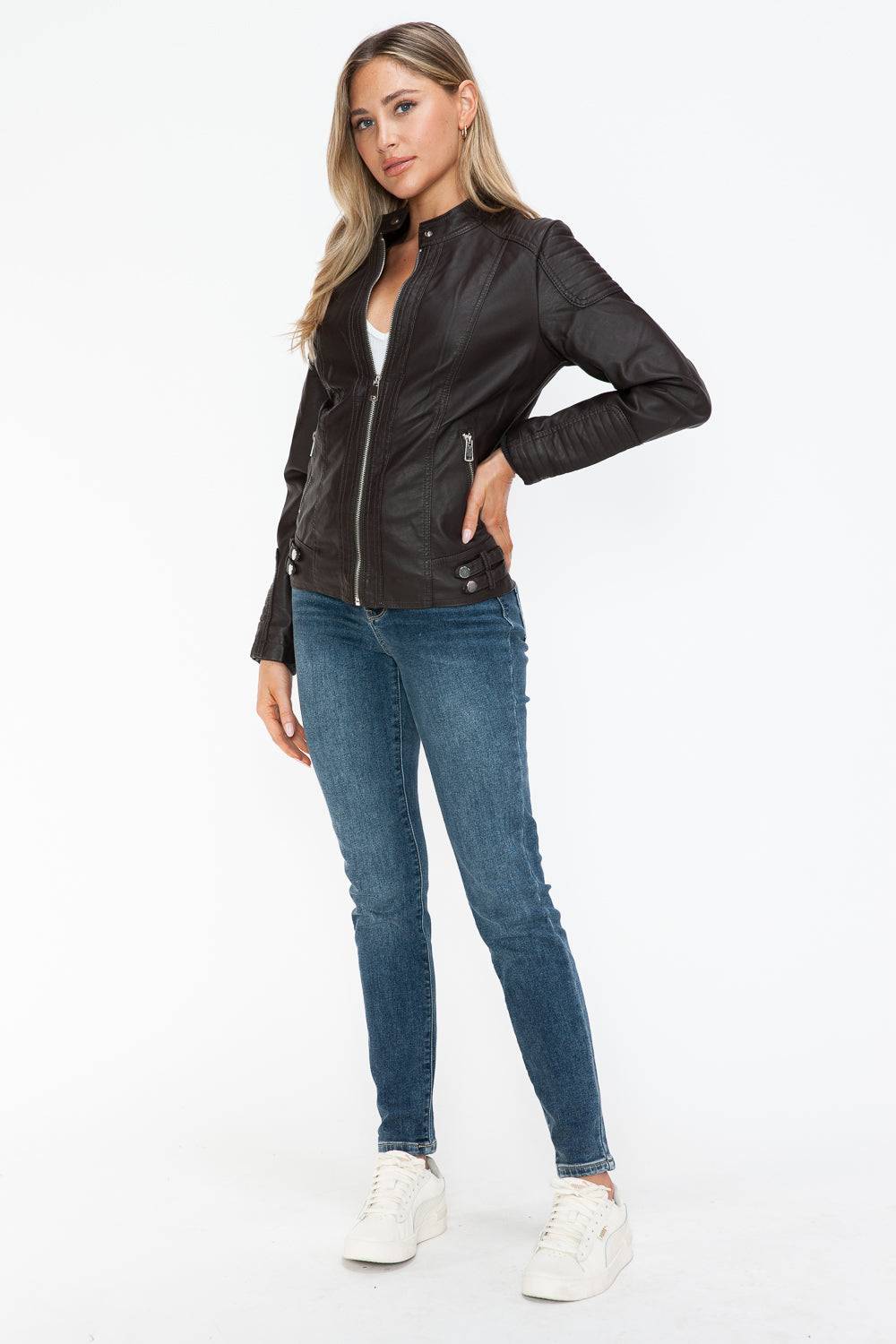 Snobbish Faux Leather Biker Jacket with Side Zip Pockets