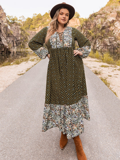 Plus Size Lace-Up Long Sleeve Dress