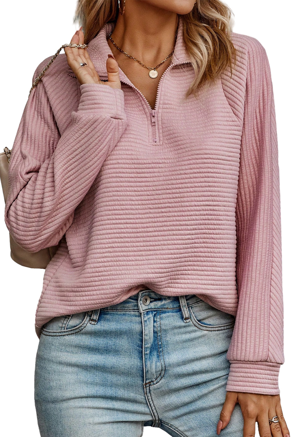 Peach Blossom Ribbed Texture Quarter Zip Sweatshirt