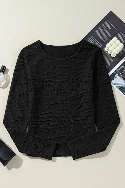 Textured Round Neck Long Sleeve Blouse