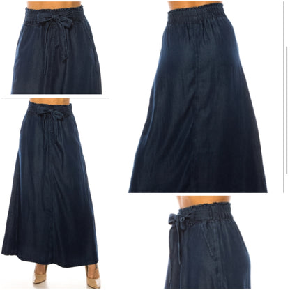 Dark denim Be-Girl Plus elastic waist maxi skirt with a flowing silhouette and casual style, perfect for everyday wear.