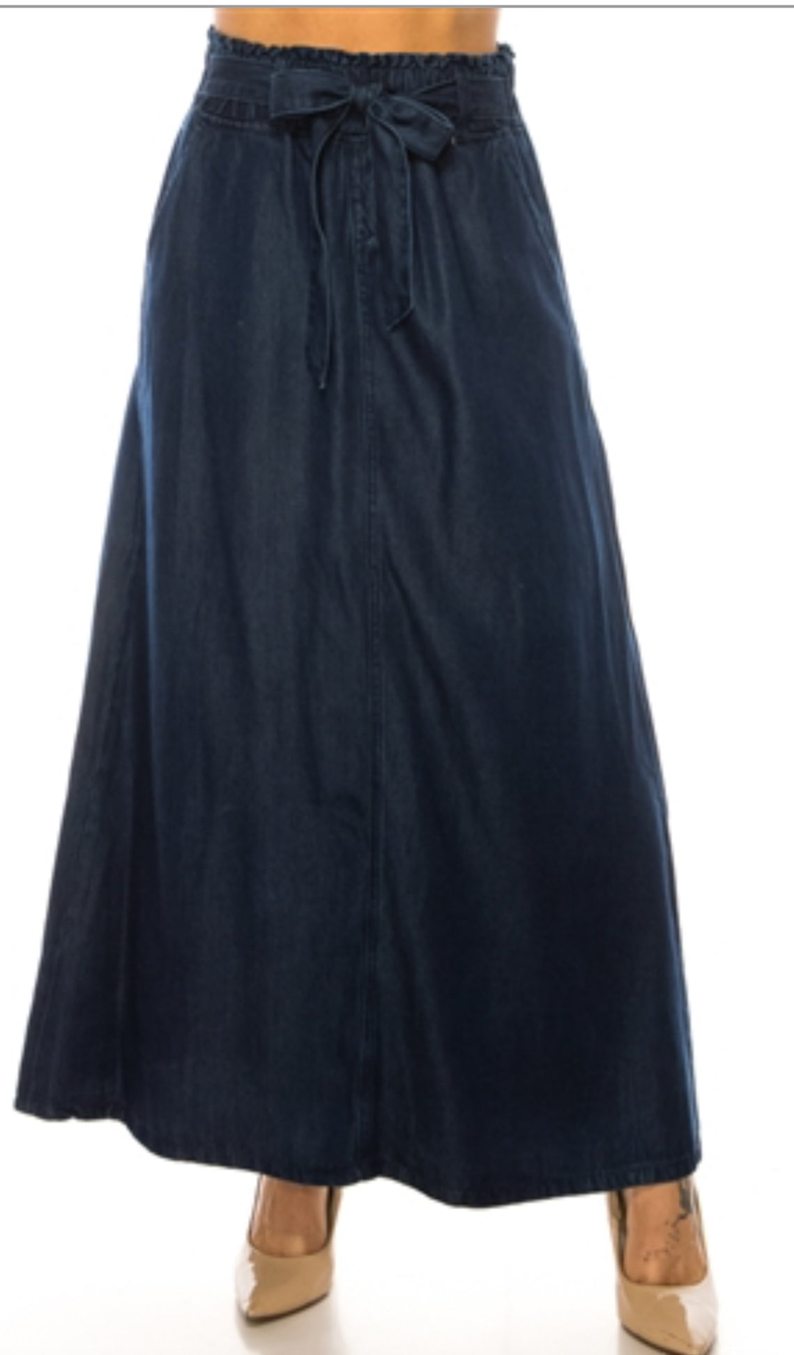Be-Girl dark denim maxi skirt with elastic sack waist, full length, flowing style, and casual design.