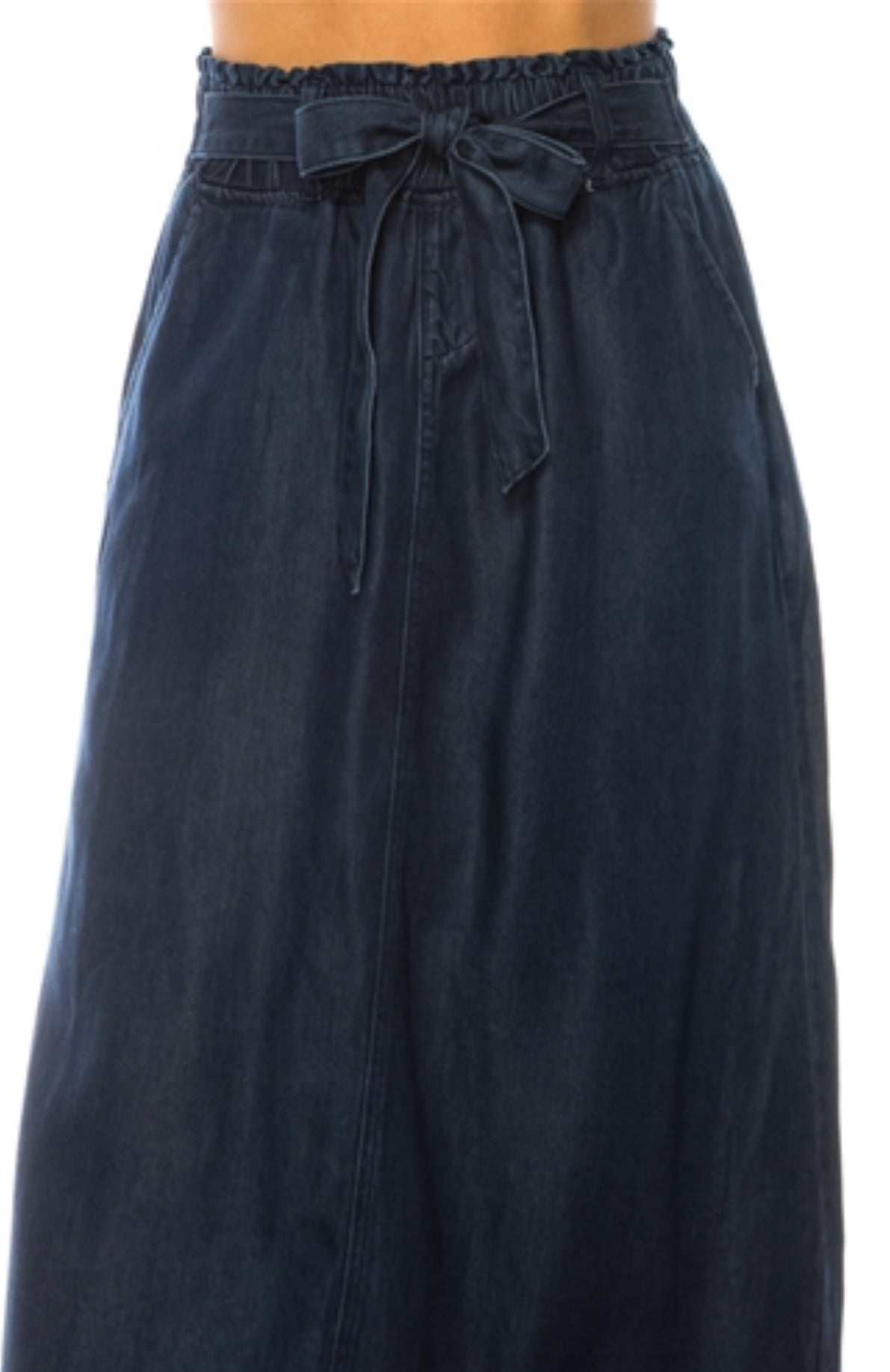 Be-Girl dark denim maxi skirt with elastic sack waist and flowing style, perfect for casual or stylish everyday wear.