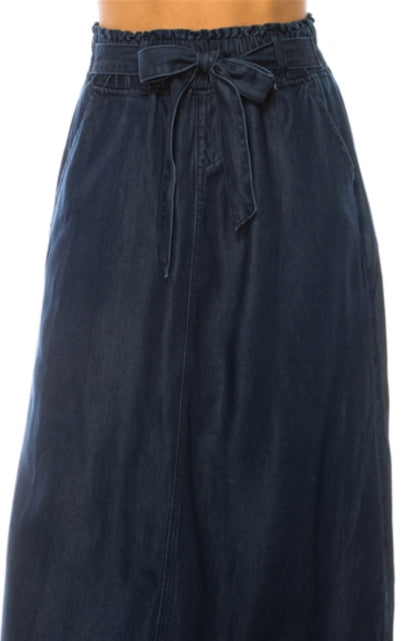 Dark denim Be-Girl Plus elastic waist maxi skirt with a flowing design and full-length style.