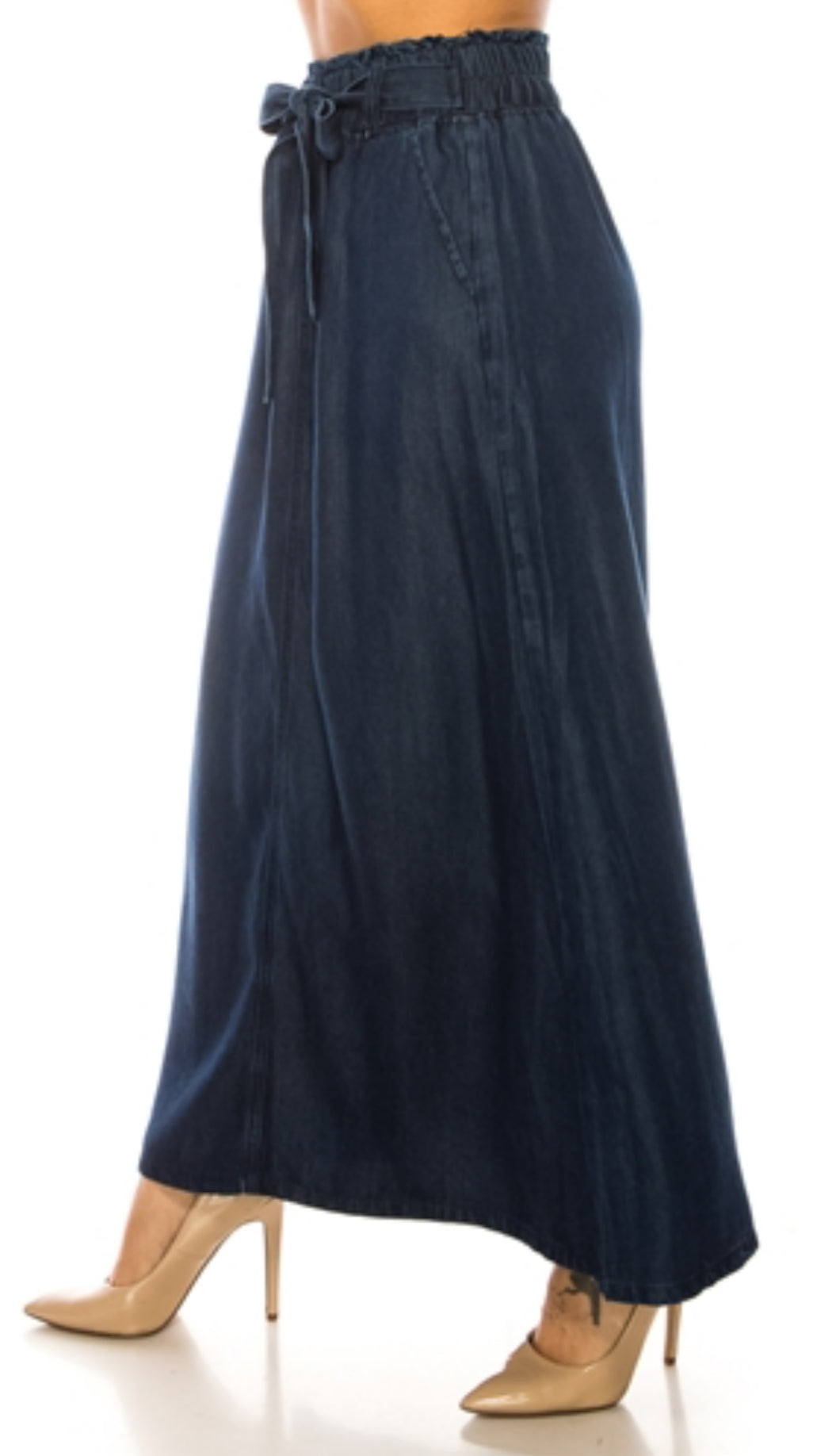 Be-Girl dark denim maxi skirt with elastic sack waist, flowing style and full-length design for casual, relaxed wear.