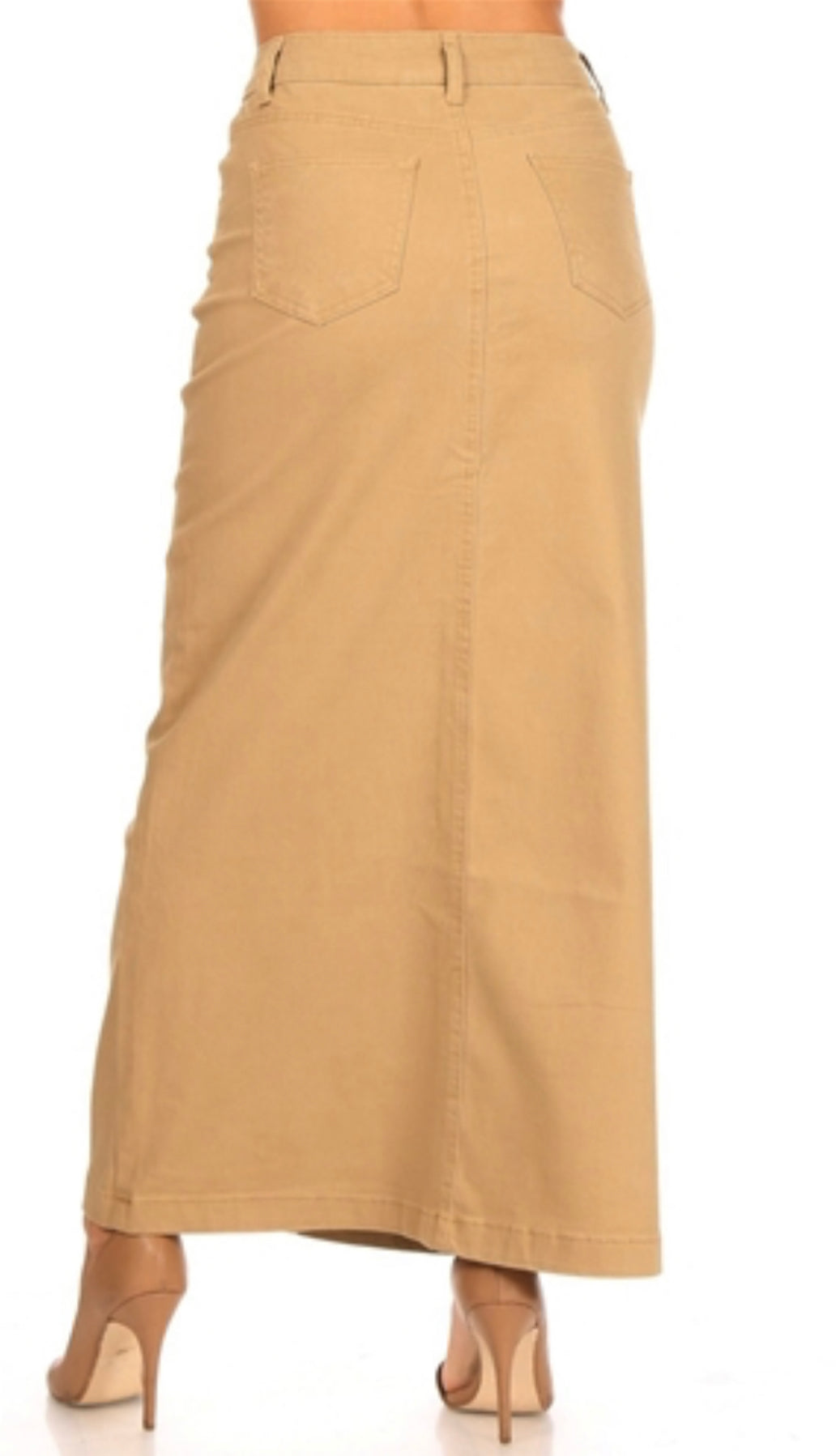 Be-Girl long denim maxi skirt made of twill fabric, featuring a classic blue jean style and ankle-length design.