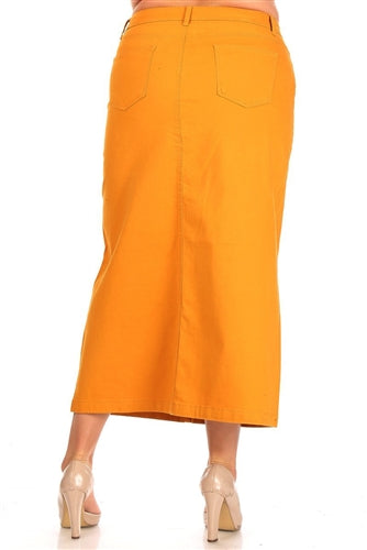 Be-Girl long denim maxi skirt in yellow twill fabric, featuring a flowing silhouette and classic jean styling.