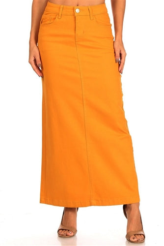 Be-Girl long denim maxi skirt in yellow twill fabric, featuring a flowing silhouette and casual style.