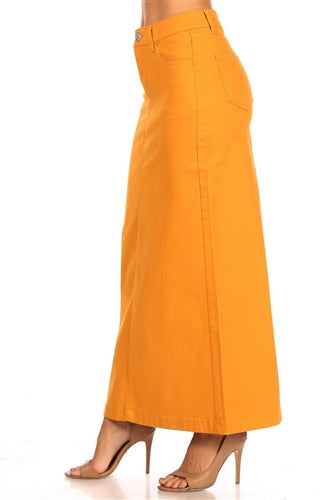 Be-Girl long denim maxi skirt in yellow twill fabric, featuring a flowing silhouette and classic jean style.