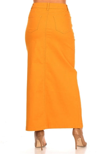 Be-Girl long denim maxi skirt in yellow twill fabric, featuring a flowing silhouette and classic jean styling.