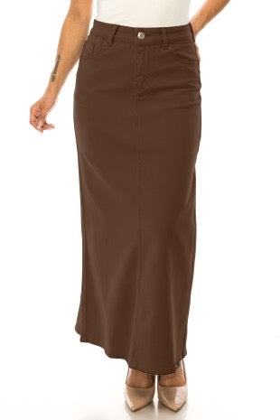Be-Girl denim twill maxi skirt in stone color, featuring a flowing silhouette and high waistband, shown on a model.