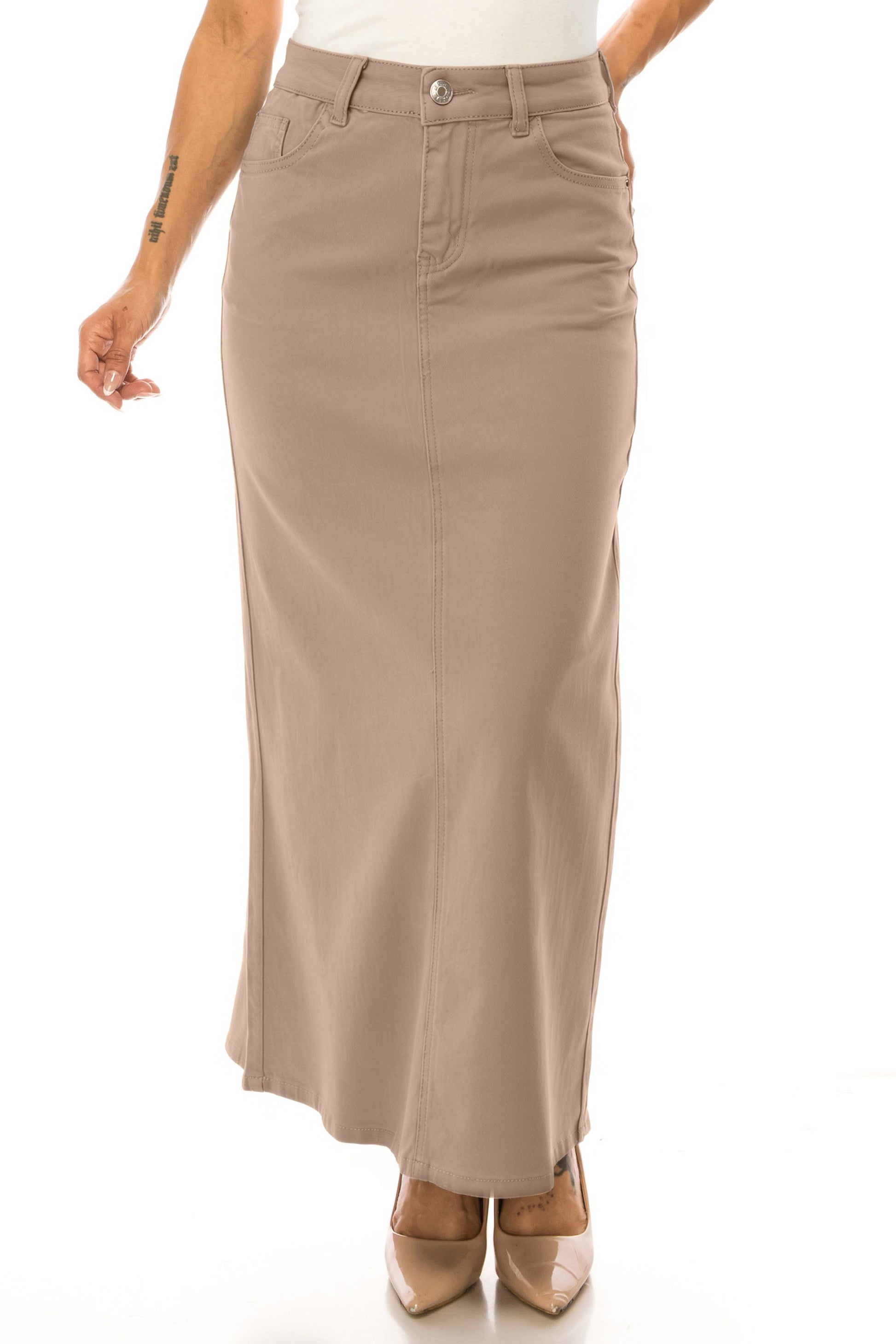 Be-Girl denim twill maxi skirt in stone color, full-length with a flowing design, displayed on a neutral background.