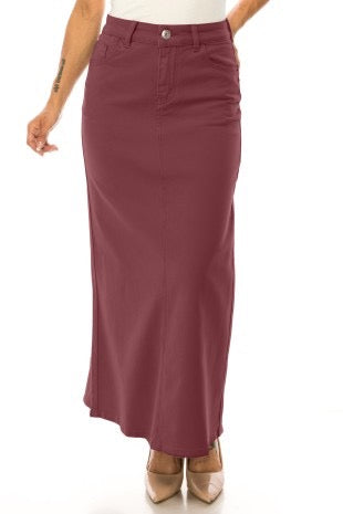 Be-Girl denim twill maxi skirt in stone color, displayed flat with waistband and flowing fabric for a stylish, casual look.