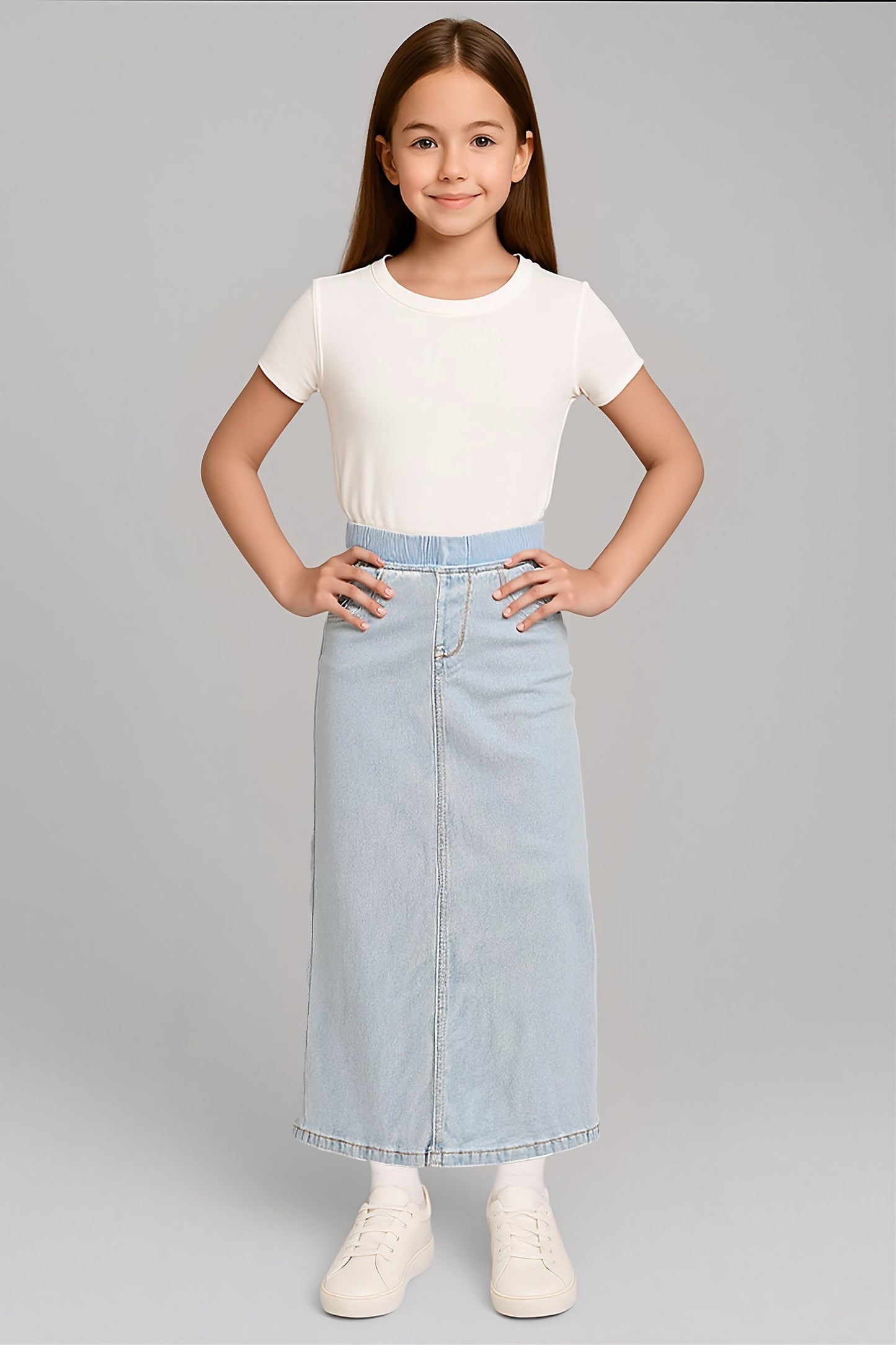 Girls denim maxi skirt with elastic waistband, Be-Girl brand, featuring a stylish long denim skirt for girls.